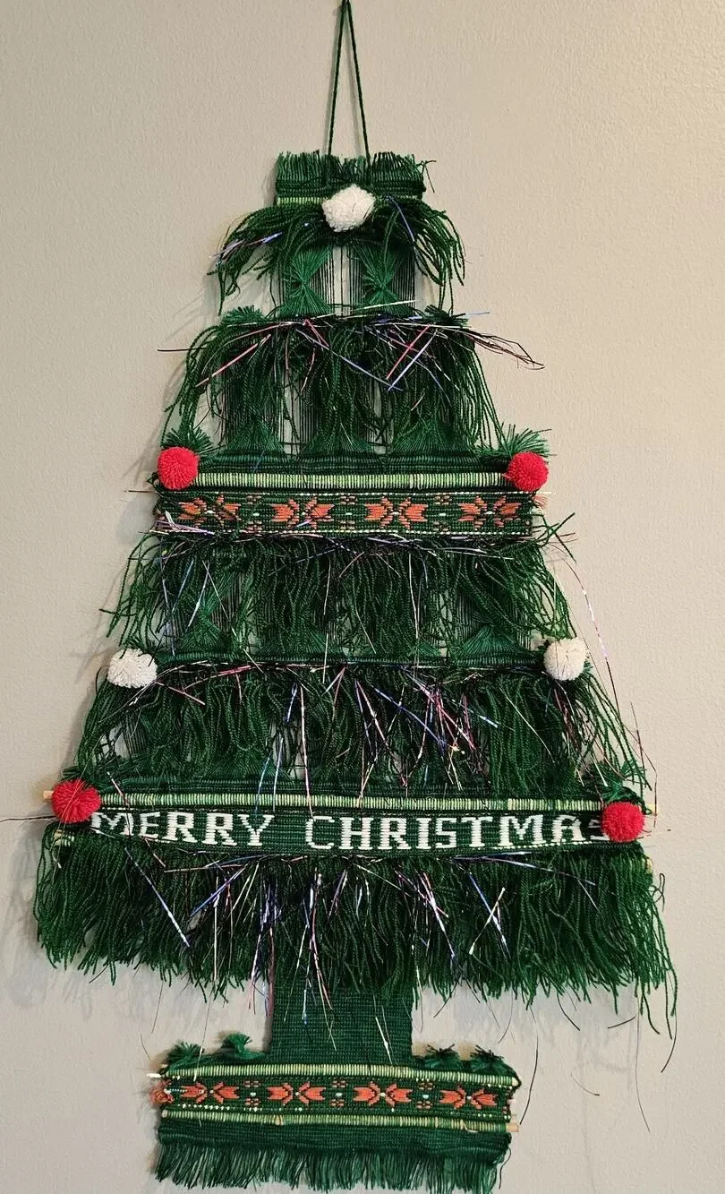 Vintage Christmas Tree Wall Hanging Tapestry Woven Pom Pom Fringe Mid Century
